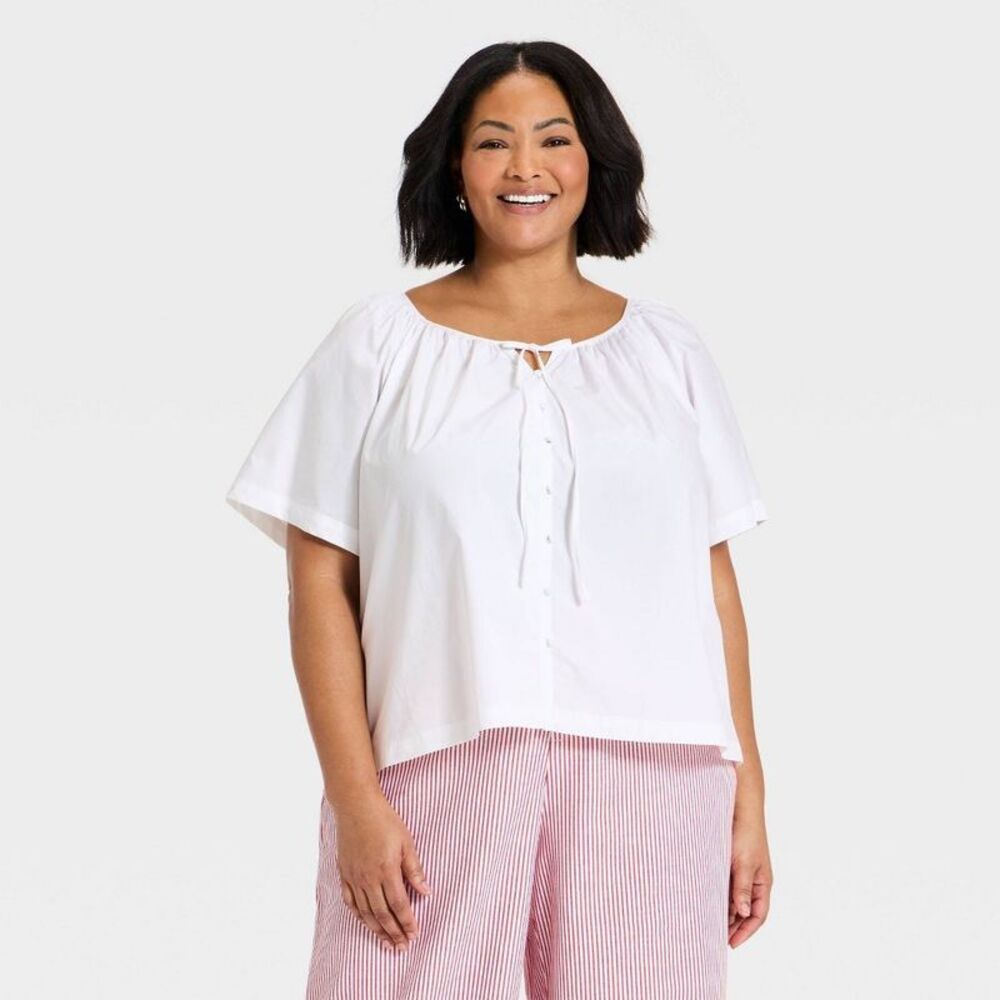 Women's Tie-Front Button-Up Top - A New Day White 2X